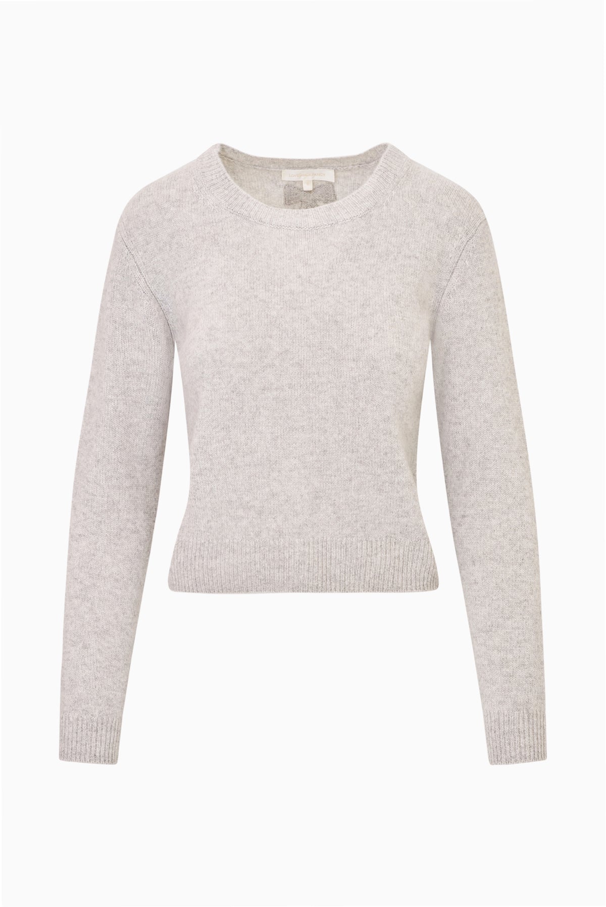 Light heather gray fitted cashmere pullover with crew neck and long sleeves