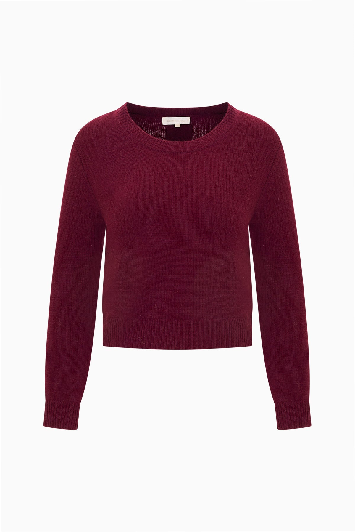 Fitted cashmere pullover with crew neckline and ribbed cuffs, deep burgundy