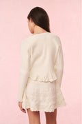 Ivory knit peplum cardigan back view with long sleeves and scalloped hem