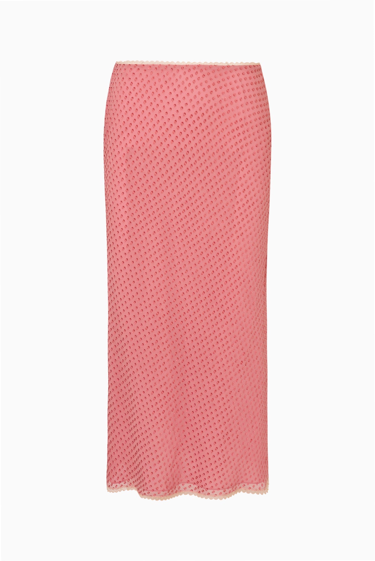 Blush pink silk Swiss dot long skirt with straight pencil silhouette