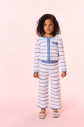 Girls striped crochet cardigan front view, light blue and white, buttons and chest patch pocket