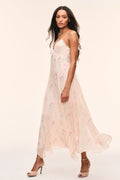 Floral print silk slip dress with lace-trim spaghetti straps and V-neck, flowing midi skirt