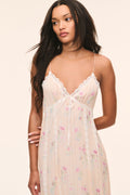 Silk slip dress bodice with lace trim, spaghetti straps, bow tie detail, floral print