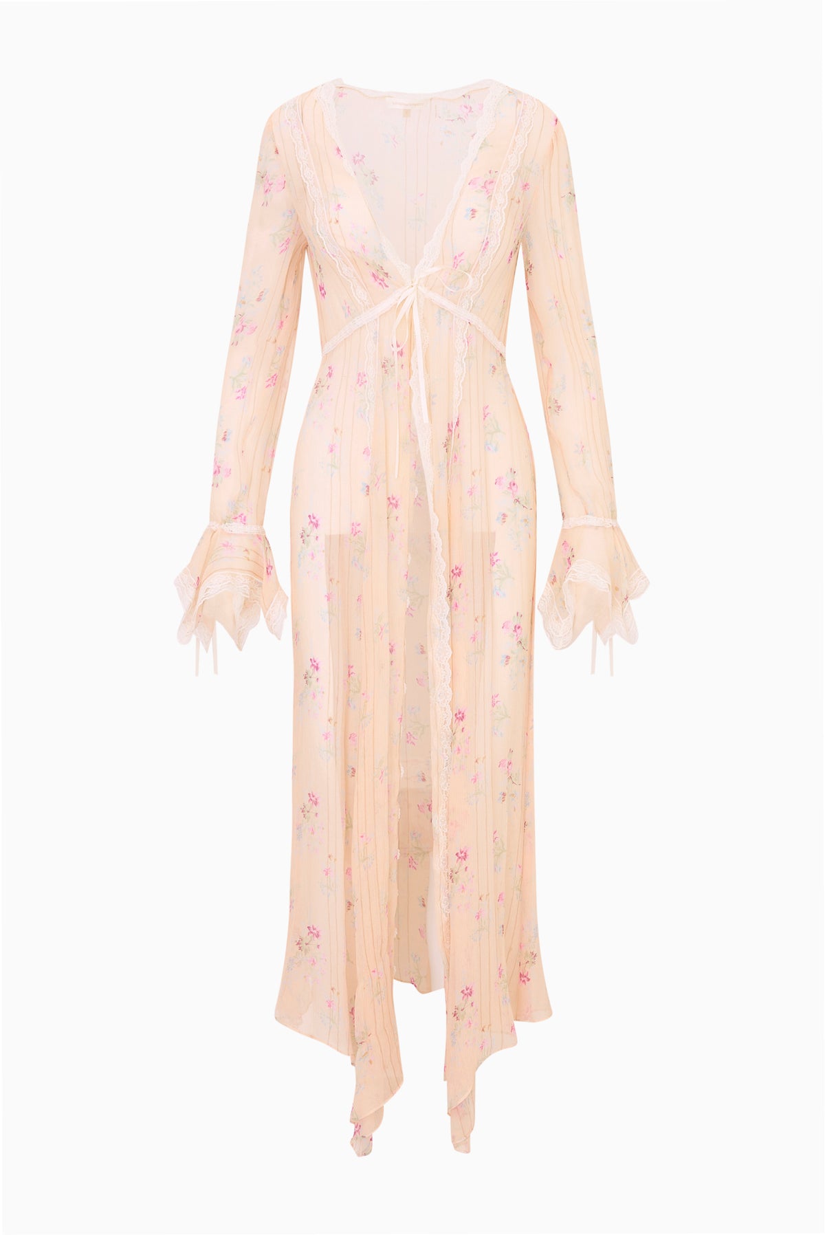 Floral sheer silk duster, lace-trim back detail and billowy sleeves