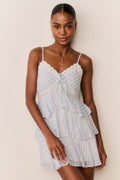 Light blue striped chiffon mini dress, scalloped lace neckline, spaghetti straps, tiered ruffles