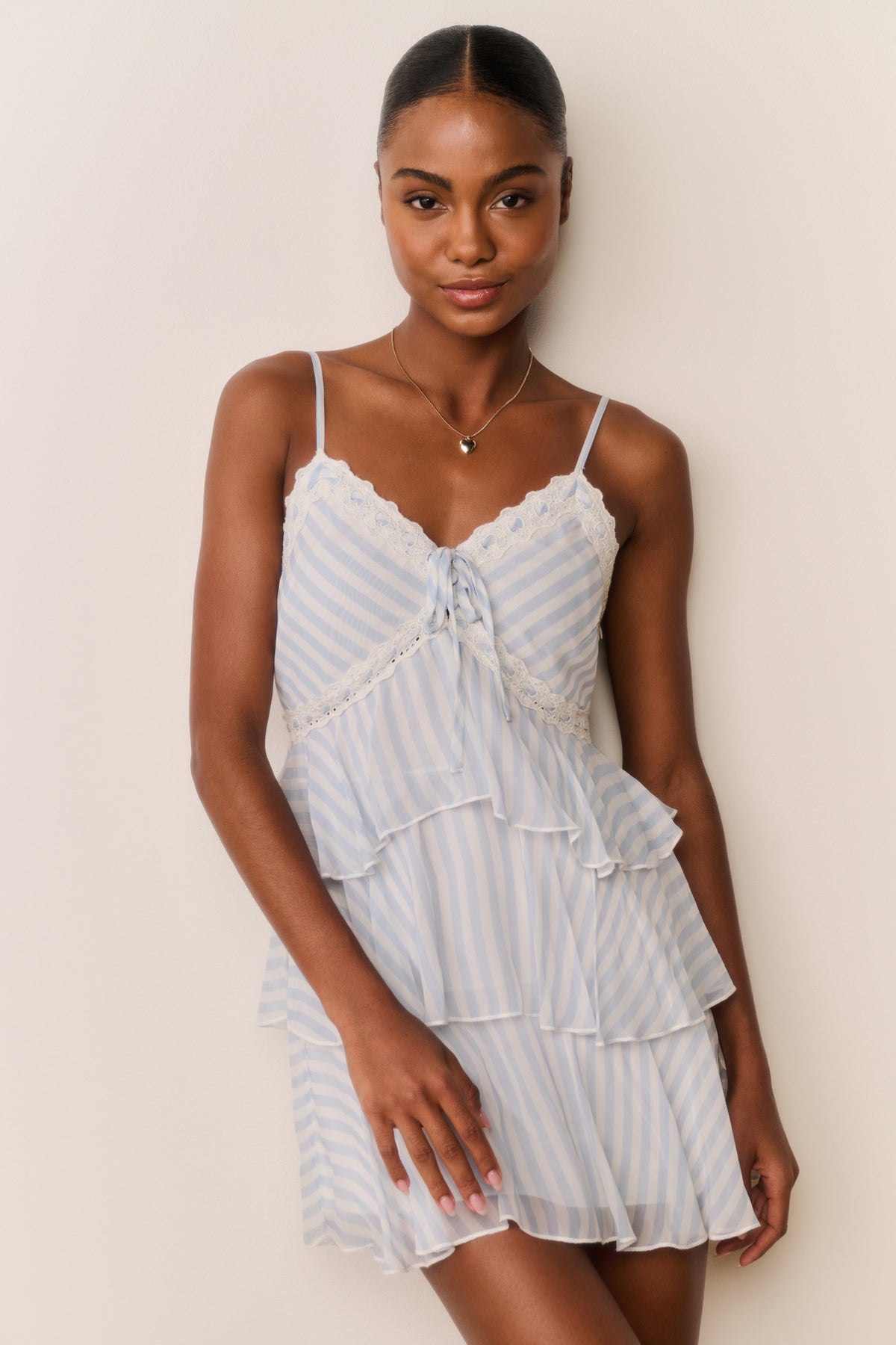 Light blue striped chiffon mini dress, scalloped lace neckline, spaghetti straps, tiered ruffles