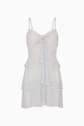 Light blue striped chiffon mini dress with lace trim, spaghetti straps, ruffle tiers
