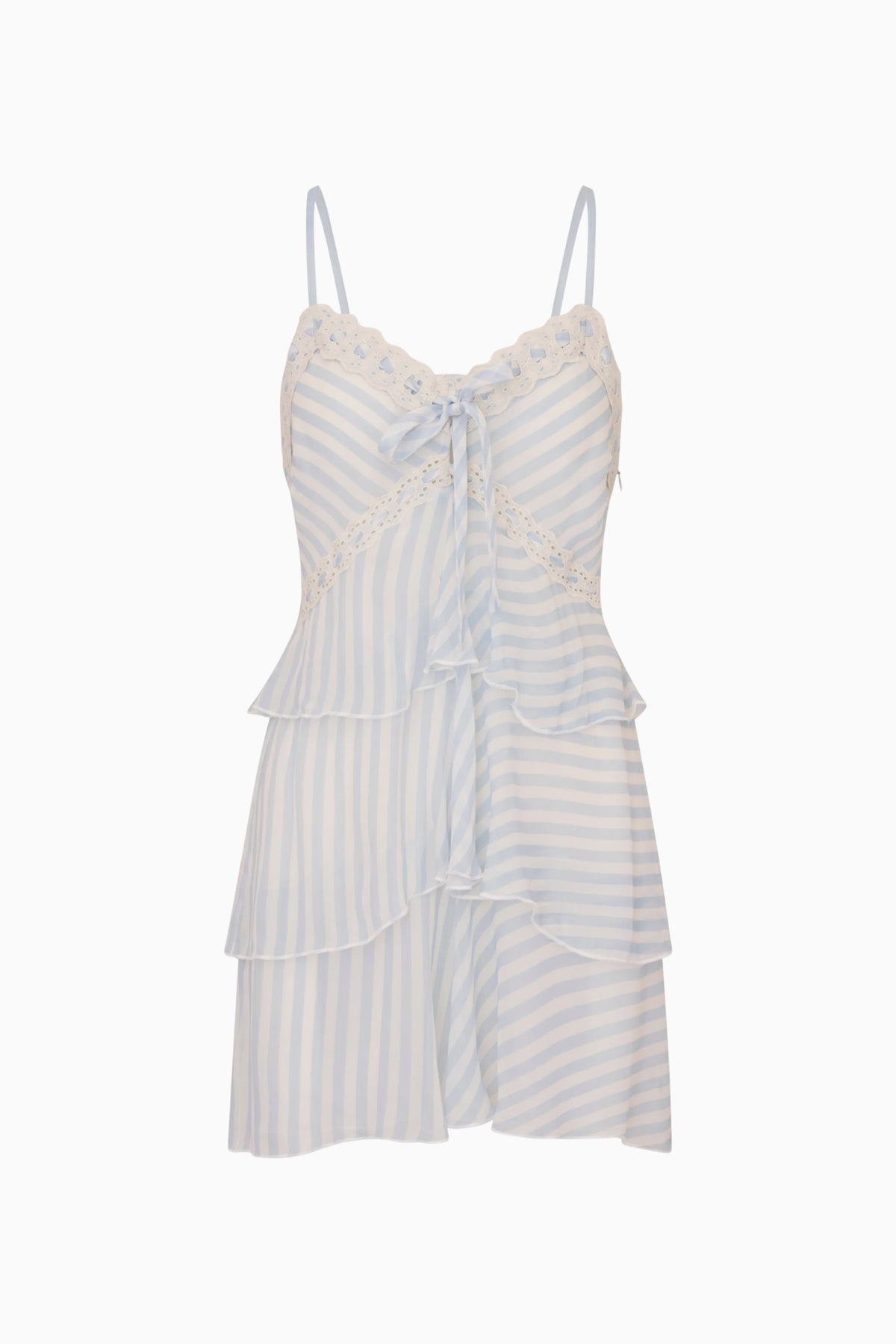 Light blue striped chiffon mini dress with lace trim, spaghetti straps, ruffle tiers