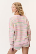 Pastel striped crochet pullover back view, ribbed hem and long sleeves