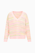 Pastel striped crochet pullover with V-neck, long sleeves, ribbed hem and cuffs