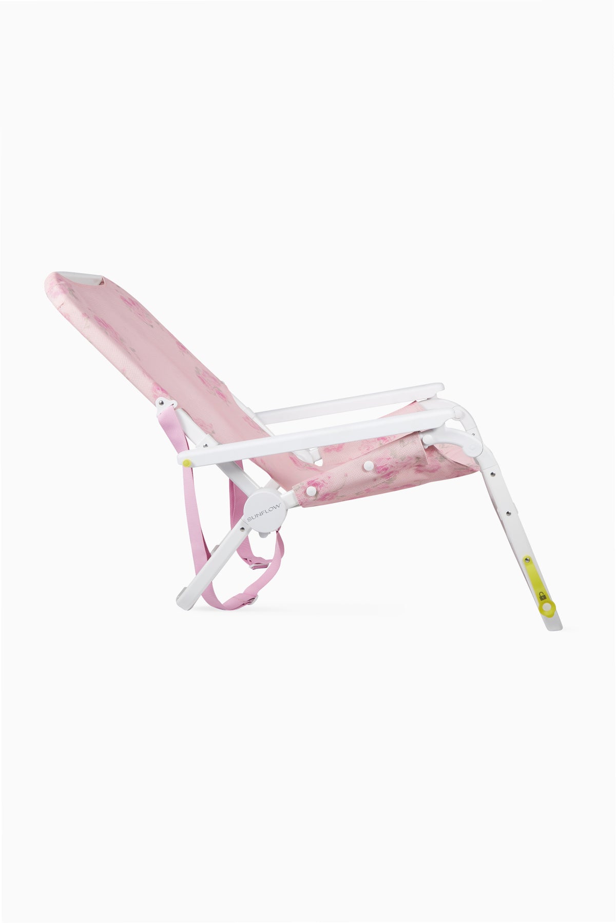 Floral ikat beach chair with pink seat fabric and white frame, adjustable backrest