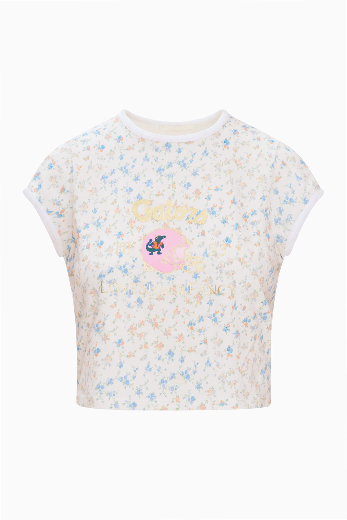 Light blue speckled ringer tee with small central Gators logo