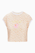 Floral ringer crop T-shirt with small T logo graphic on front