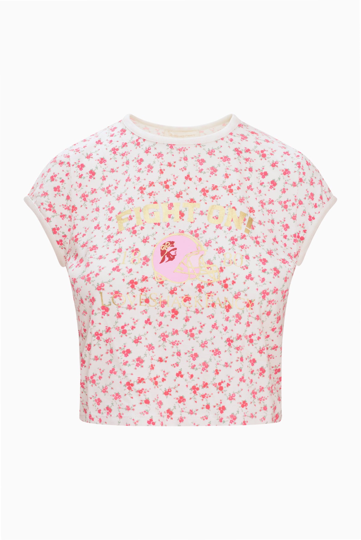 Cropped pink floral ringer tee with chest football-helmet graphic and crew neck