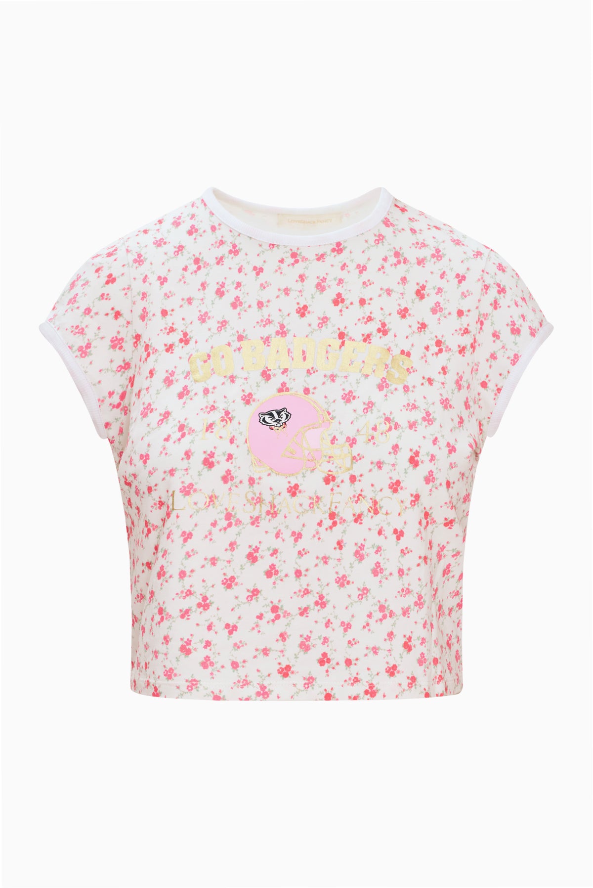 Cream floral ringer tee with white crew neck trim and centered team graphic