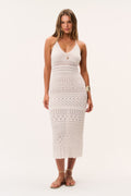 Ivory crochet midi dress with V-neck and sleeveless bodice, textured lace pattern