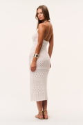 Ivory crochet midi dress with V-back and sleeveless openwork lace pattern