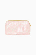 Pink printed medium travel pouch with zip top and gold-tone zipper pull