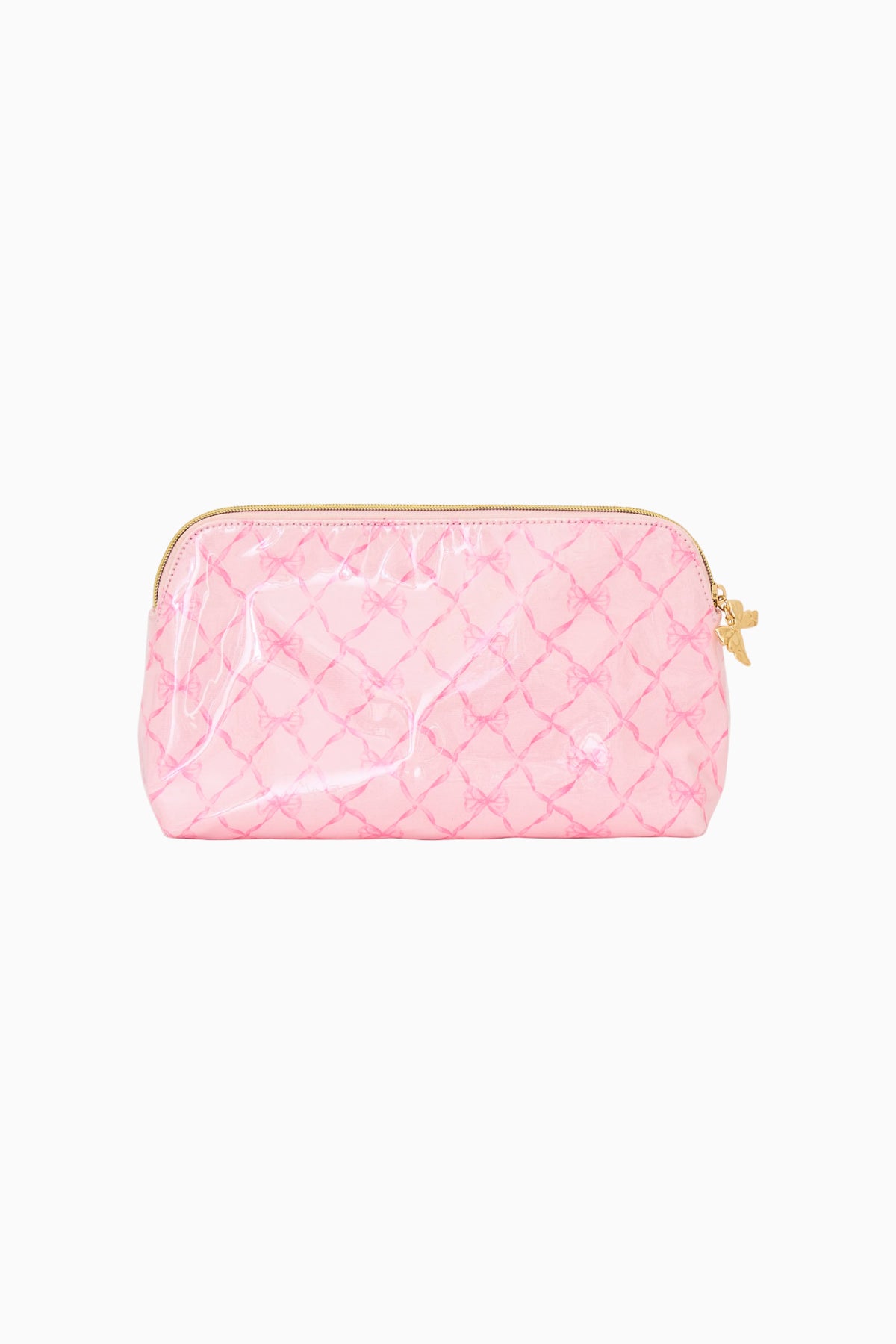 Pink quilted diamond travel pouch with zip top and gold-tone zipper pull
