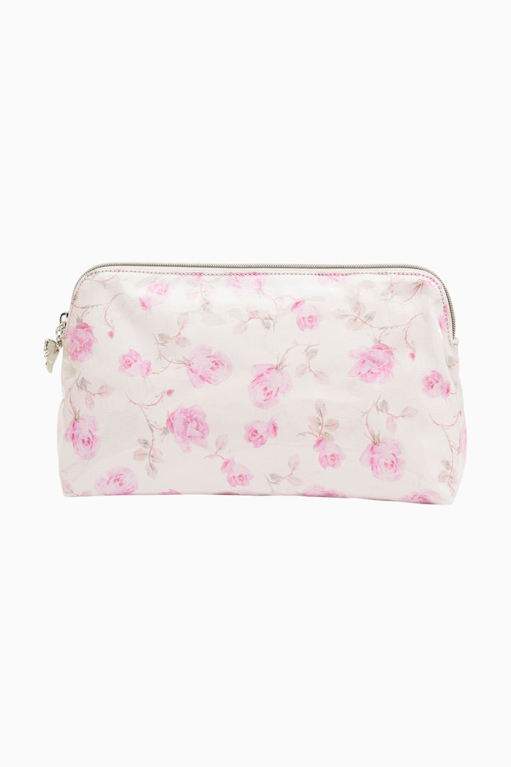 Medium travel pouch, white with pink rose print, zip closure