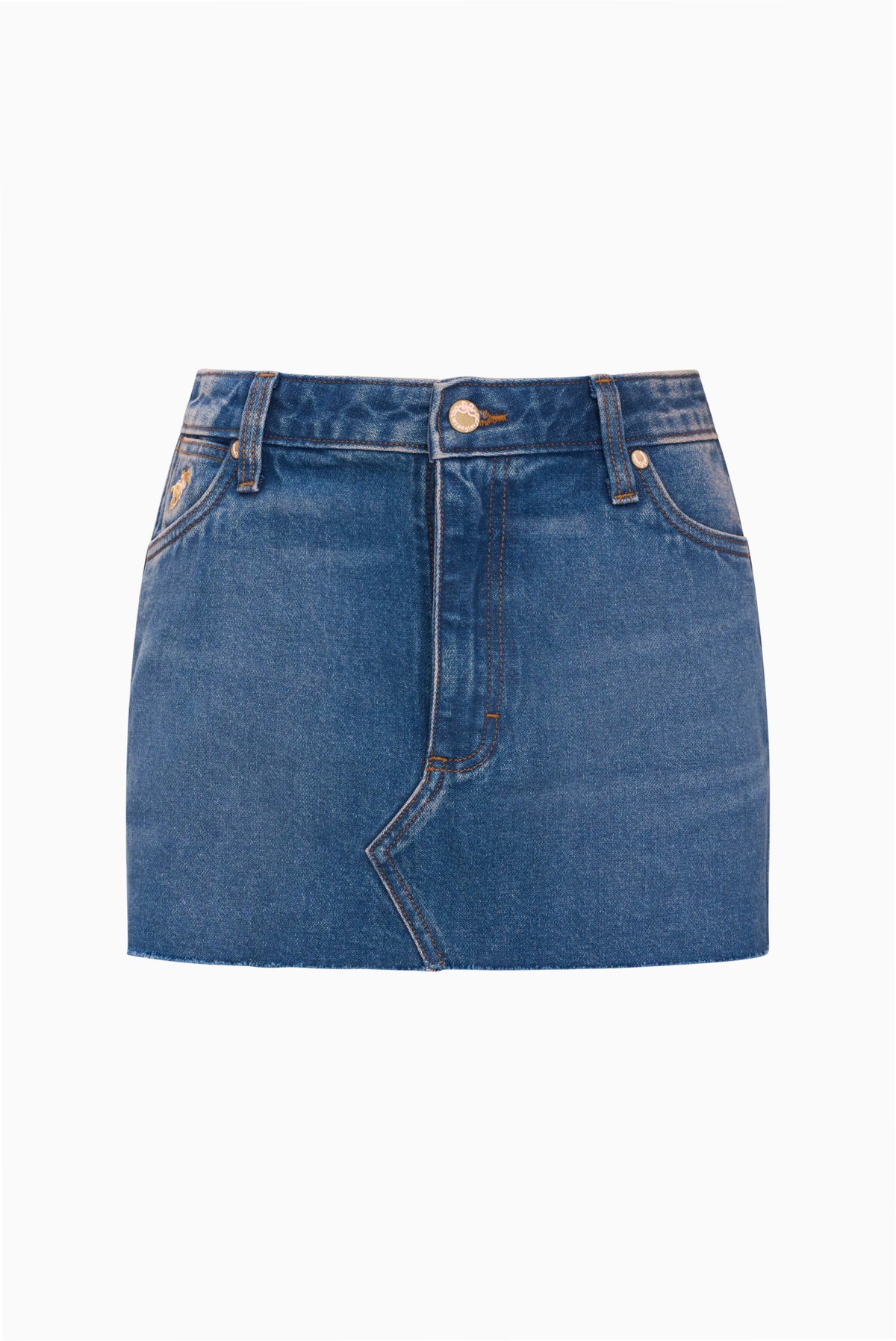 Medium-wash denim mini skirt, button front with belt loops and patch pockets