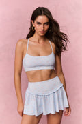 Light blue print active skort with tiered ruffle hem and elastic waistband
