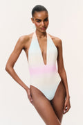 Ombre one-piece swimsuit with halter tie neck and plunging V front, pastel pink-blue fade