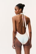 Ombre one-piece swimsuit, open back with ribbon tie, pastel gradient from white to blue