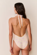 Floral halter one-piece swimsuit, open back with long ties, pastel pink and yellow
