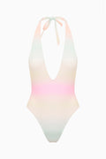 Ombre one-piece swimsuit with halter tie neck and deep V front, pastel white to pink