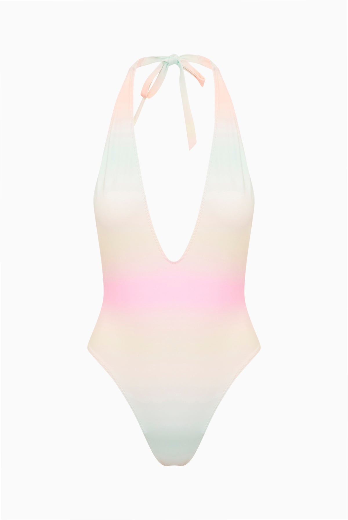 Ombre one-piece swimsuit with halter tie neck and deep V front, pastel white to pink