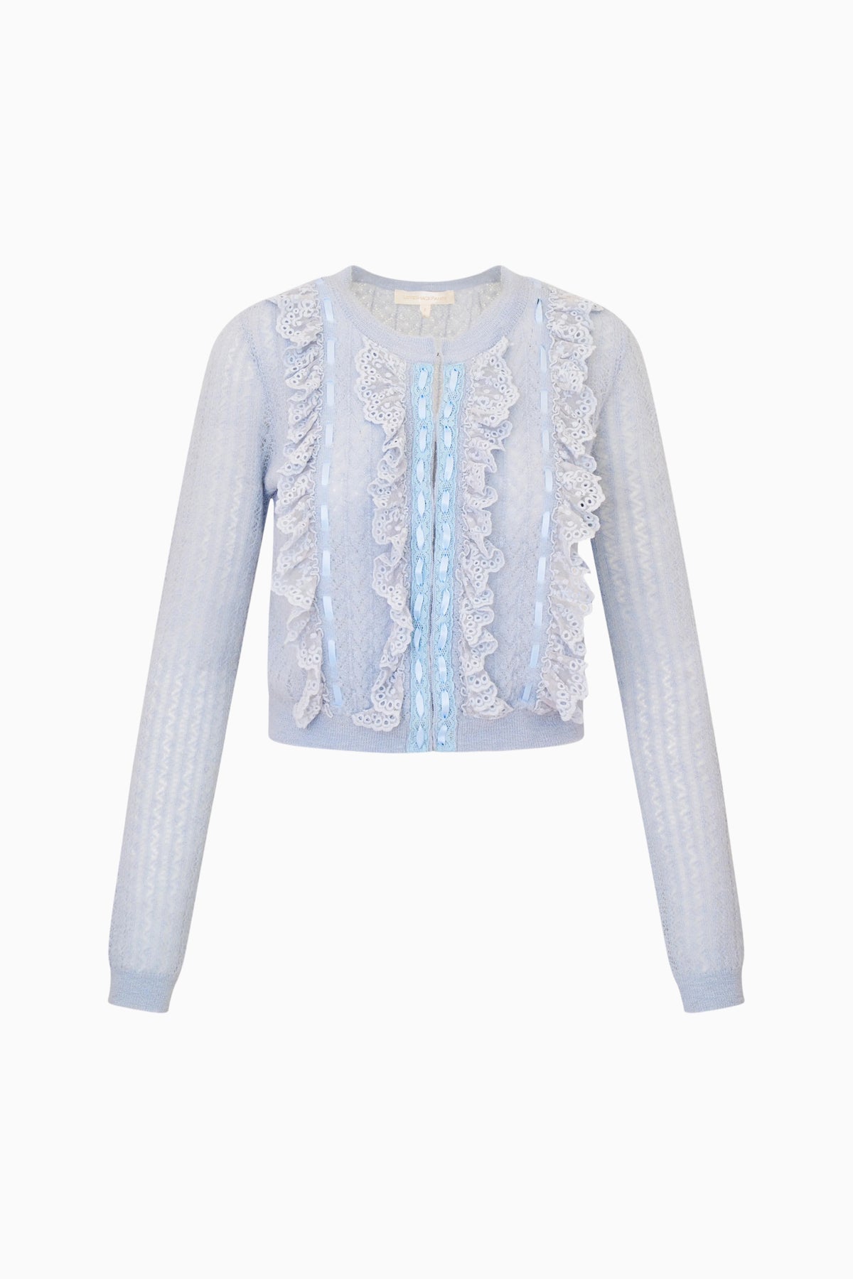 Light blue eyelet ruffle cardigan with long sleeves and button-front