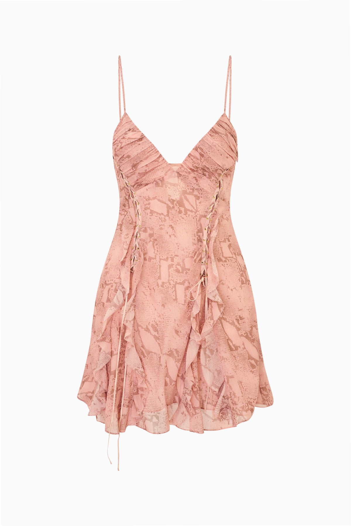 Pink snakeskin-print mini dress on a hanger, spaghetti straps, tiered ruffled skirt