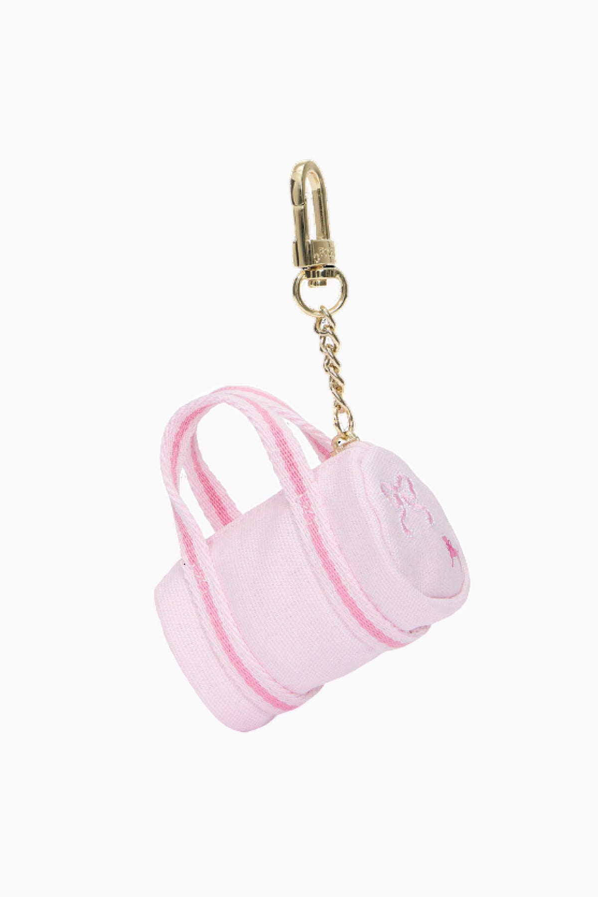 Pink mini duffle keychain charm with gold clasp, chain, and top handle.