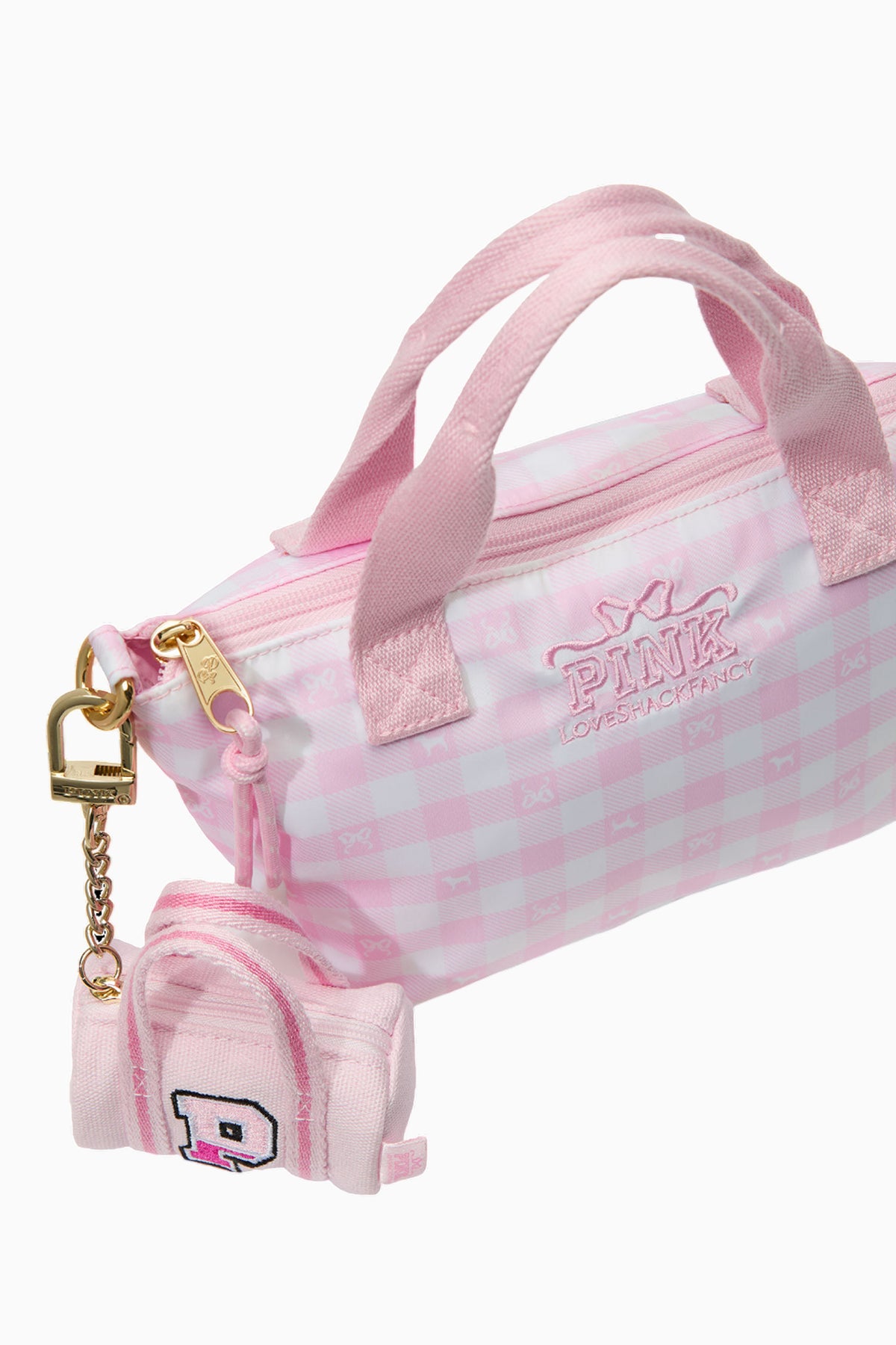 Pink striped mini duffle keychain charm with embroidered P logo and gold hardware.