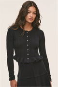 Dark pointelle stretch cardigan with button placket and ruffled cuffs, long sleeves