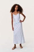 Tween light blue patterned midi skirt, smooth drape and straight hem