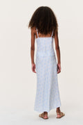 Tween light blue patterned midi skirt viewed from the back