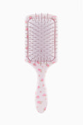 Pink floral mini detangling hair brush with pin tips on clear cushion