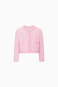Girls pink tweed jacket with lace trim and ruffled button placket