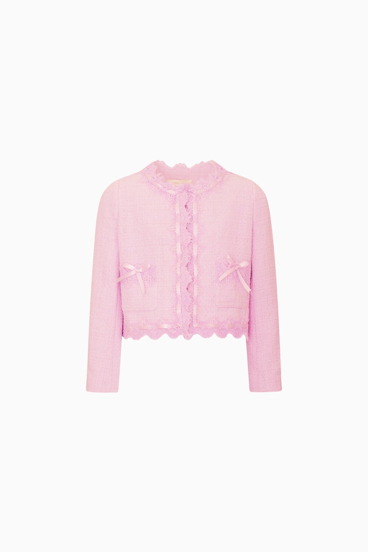 Girls pink tweed jacket with lace trim and ruffled button placket
