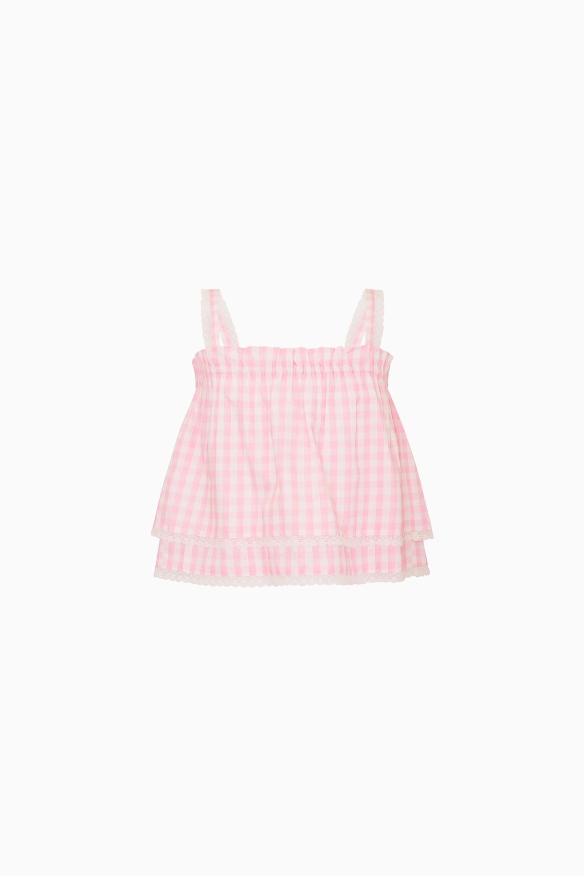 Girls pink gingham ruffle camisole top with spaghetti straps