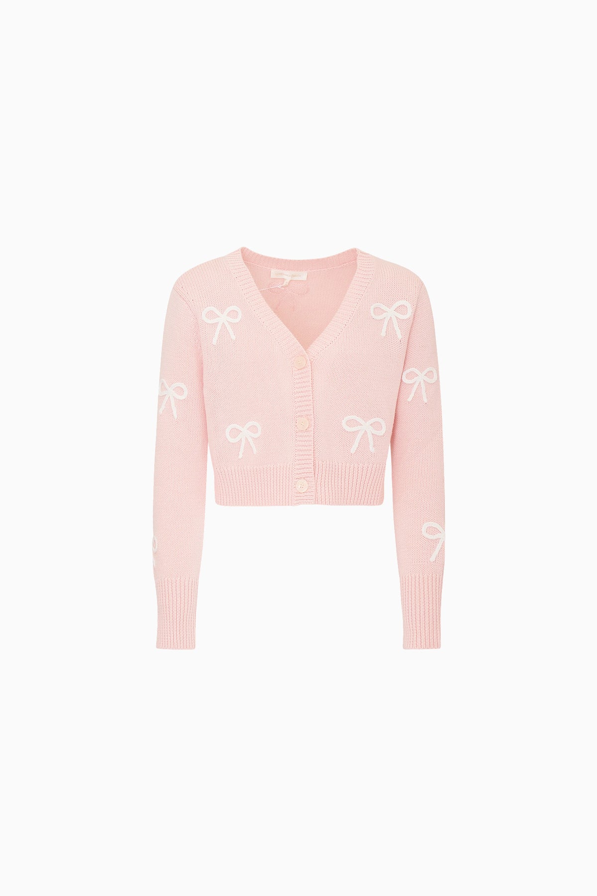 Girls pink cardigan with bow embroidery and button front, ribbed cuffs