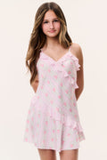 Light pink floral mini dress with V neckline and layered ruffle details