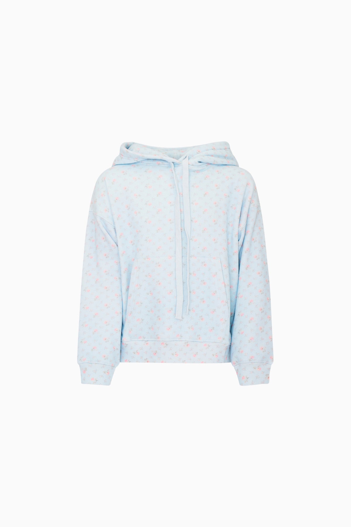 Girls' mini hoodie in light blue with small print, front pouch pocket and drawstring hood