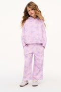 Girls' mauve floral print sweatpants with elastic waistband and wide legs