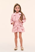 Girls' pink quilted jacket with floral texture, button closure, and cropped hem
