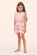 Pink floral girls tiered ruffle dress with cap sleeves and fitted waist