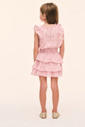 Pink floral girls tiered ruffle dress with cap sleeves and front buttons