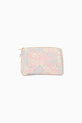 Mini floral patchwork pouch with zip closure, light ivory and pink print